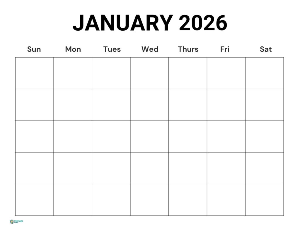 January 2026 calendar with bold black title and clean blank grid, Sunday start