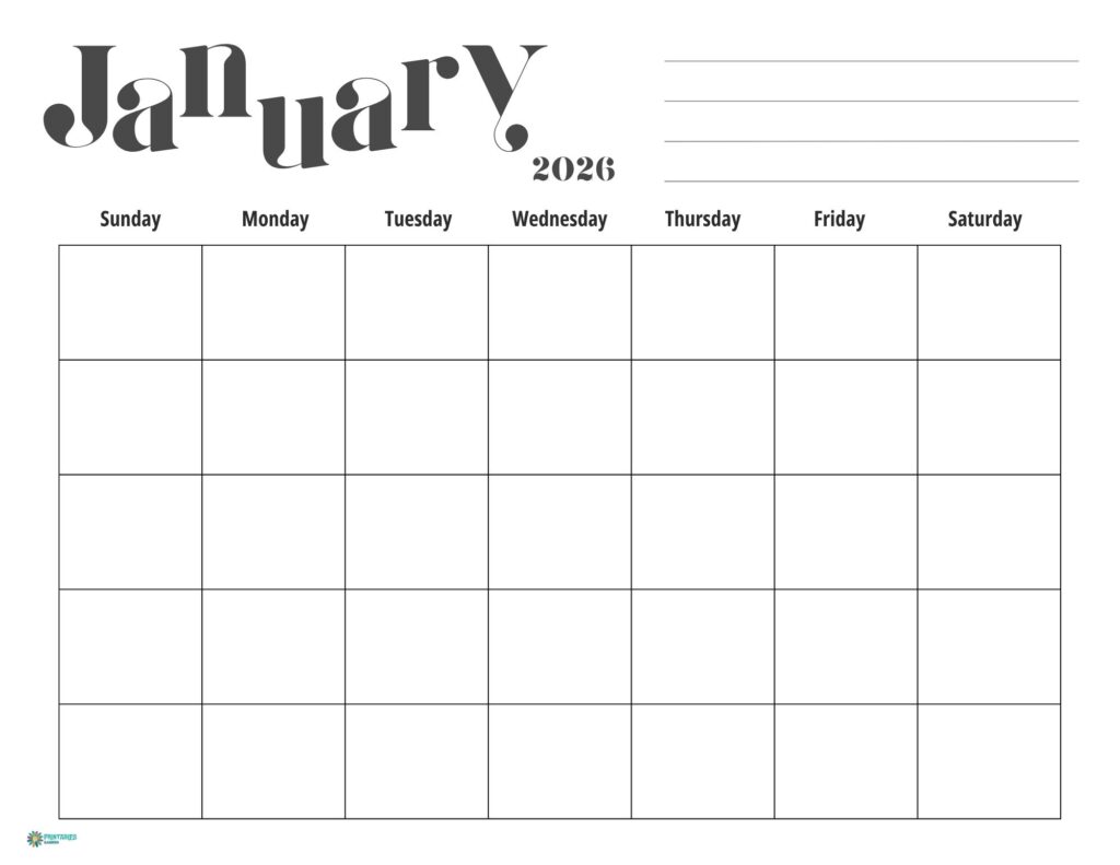 January 2026 calendar with black and white art font and notes lines, Sunday start