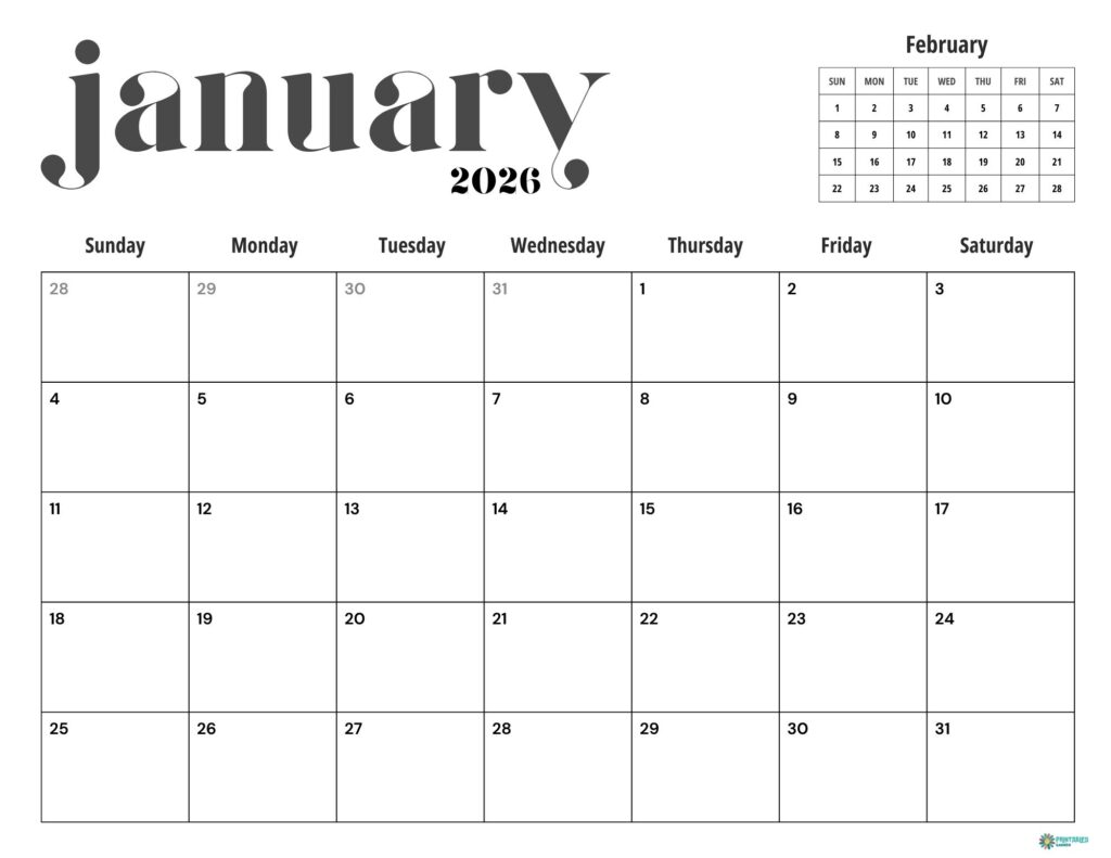 January 2026 calendar in black and white with February mini preview, Sunday start