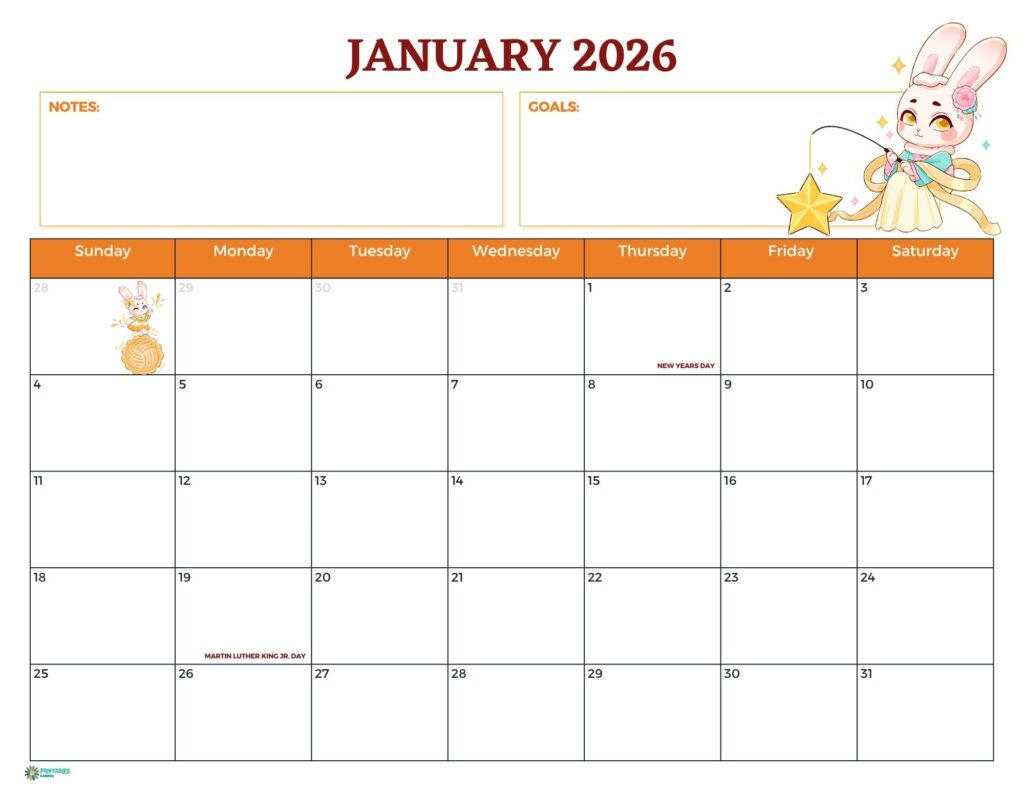 January 2026 calendar printable with cute bunny and notes boxes, Sunday start