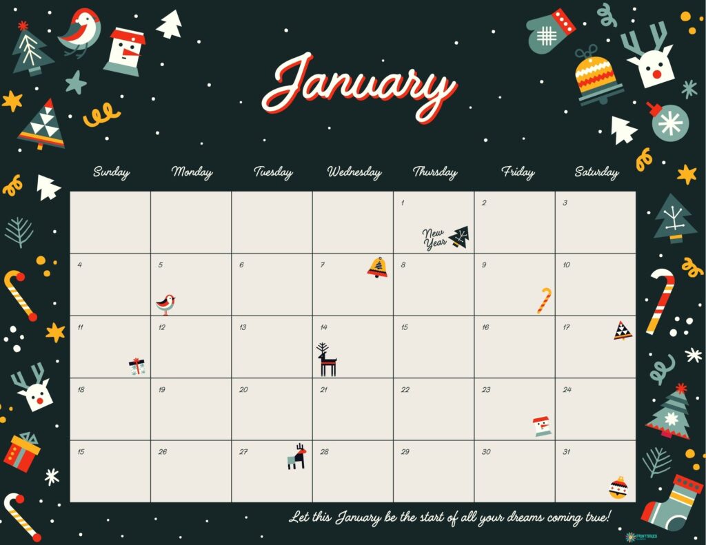 January 2026 calendar printable with festive winter border and icons, Sunday start