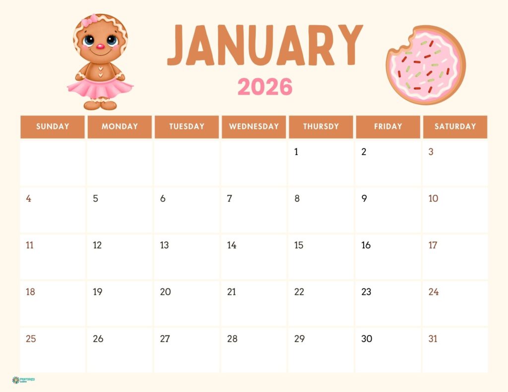 January 2026 calendar printable, cute gingerbread and donut, Sunday start