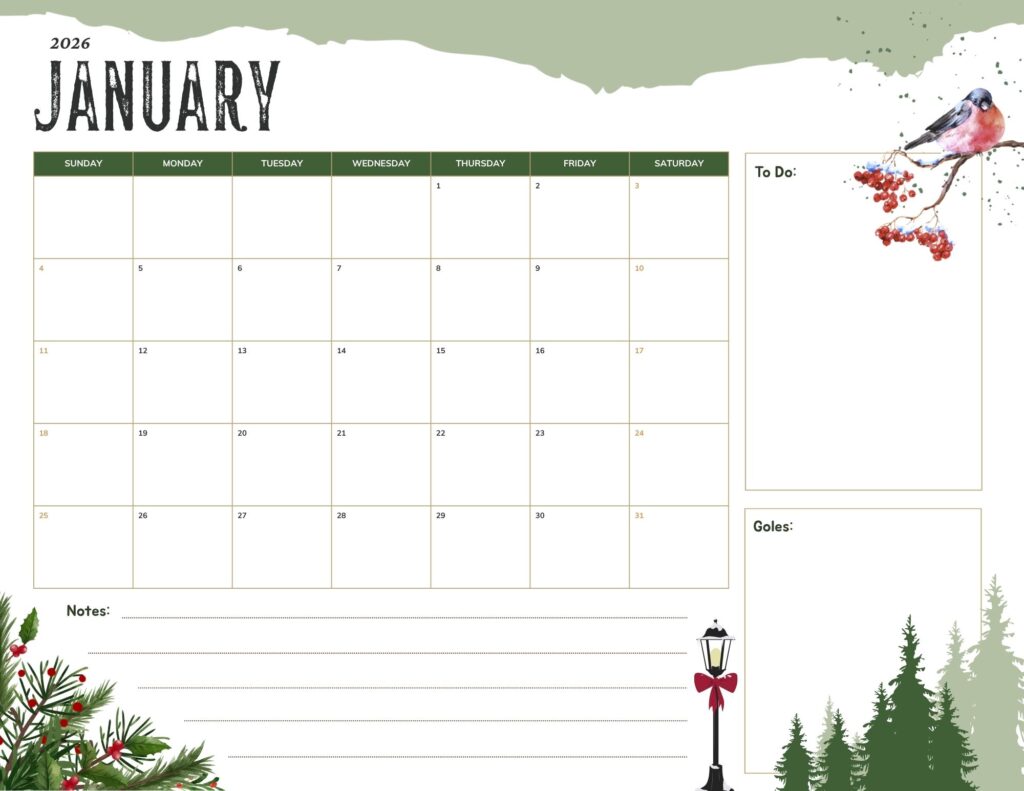 January 2026 calendar with green header, bird on branch, to-do and goals panels, Sunday start