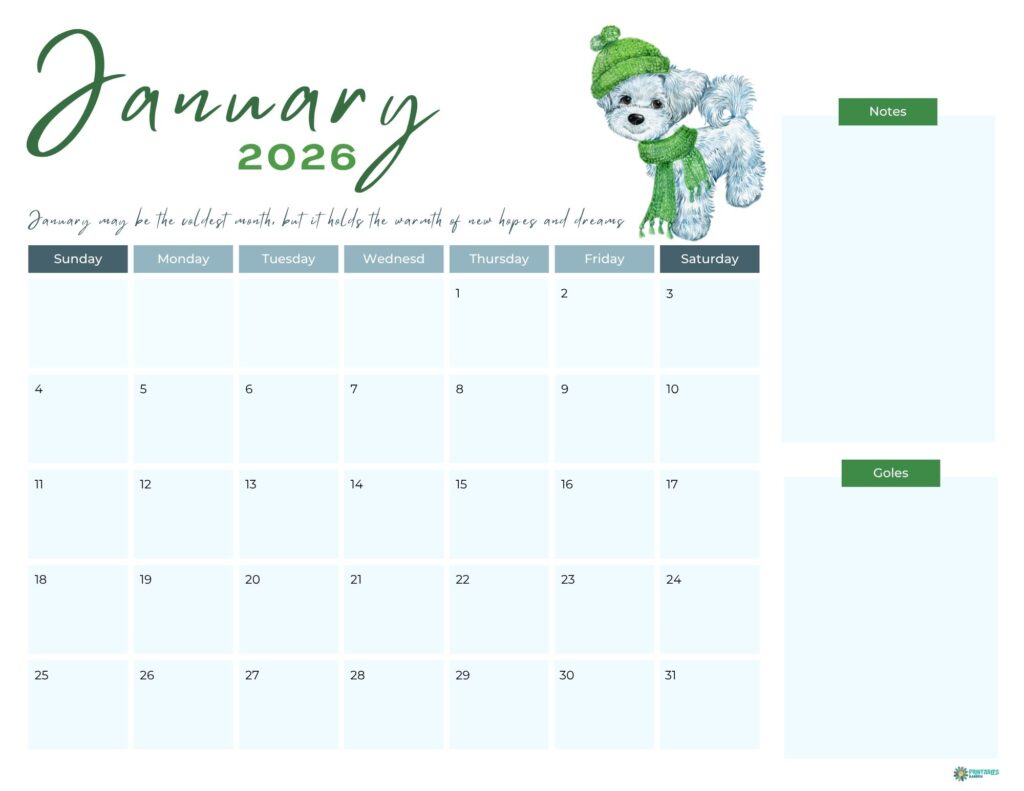 January 2026 calendar, green header with cute dog in scarf, notes and goals panels, Sunday start