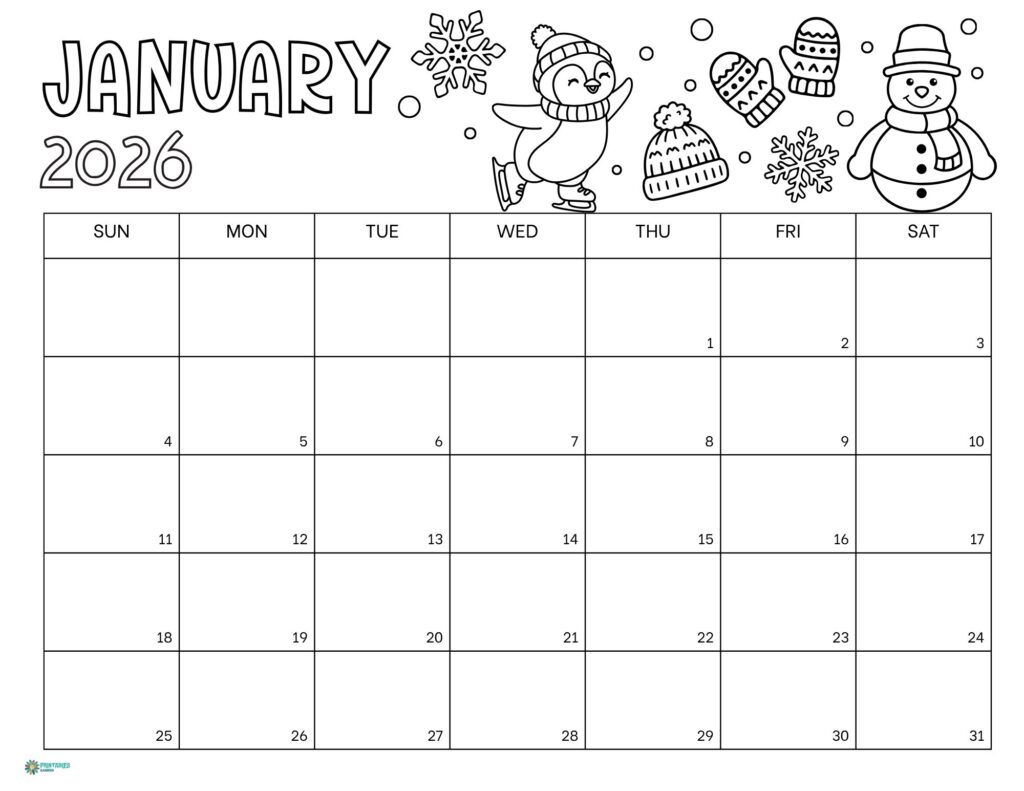January 2026 calendar coloring page with penguin, snowman and winter outlines, Sunday start