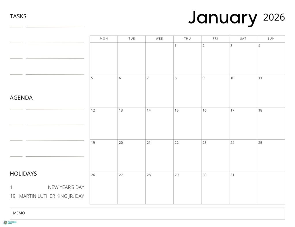 January 2026 calendar printable, minimalist planner with tasks, agenda, holidays and observances, Monday start