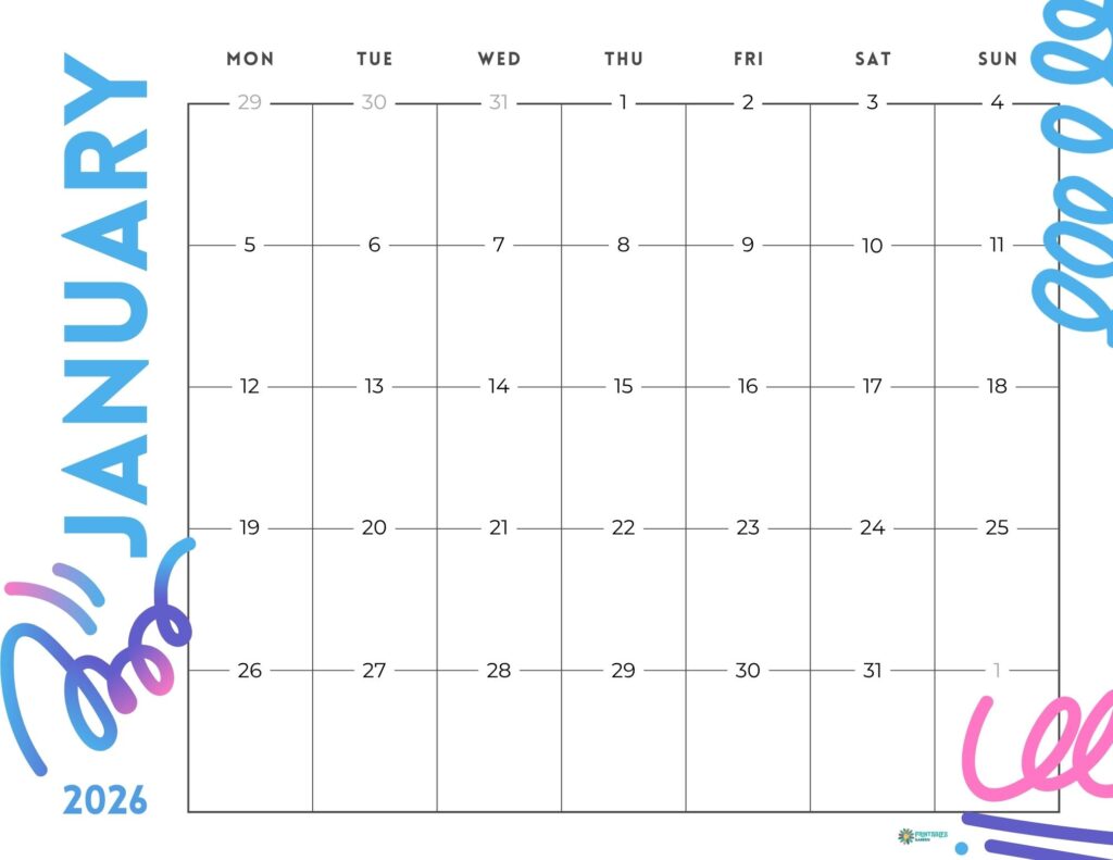 January 2026 calendar printable, modern blue design with vertical title, Monday start