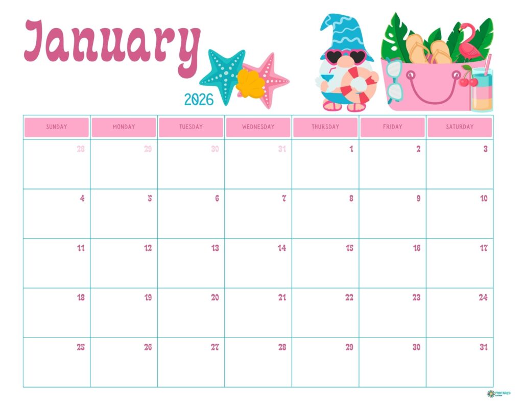 January 2026 calendar, pastel beach bag with starfish and gnome float, Sunday start