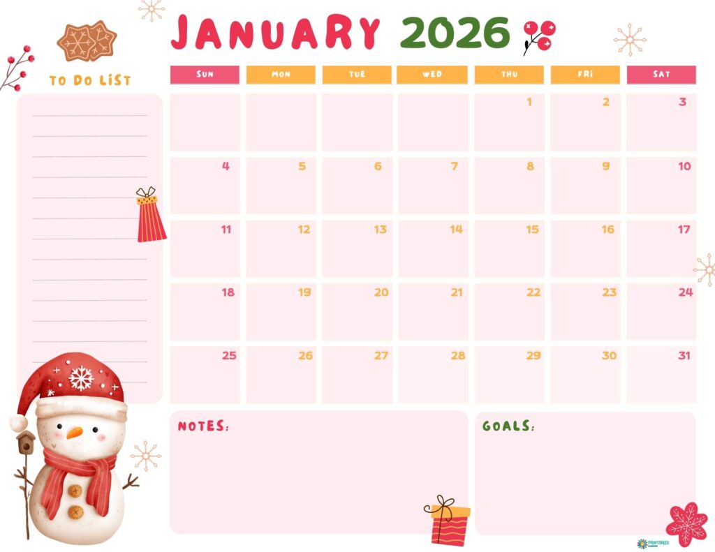 January 2026 calendar printable, pink layout with to-do sections, notes and goals, Sunday start