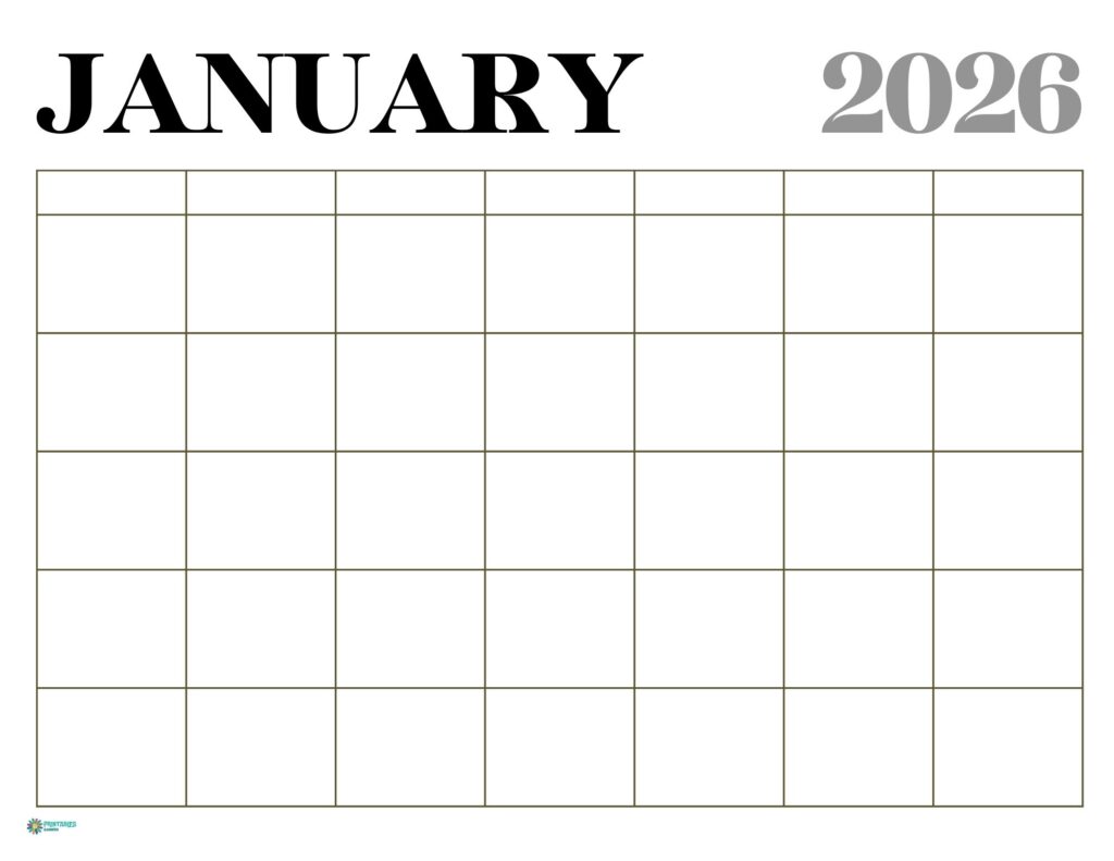 January 2026 calendar with serif header and blank grid, Sunday start