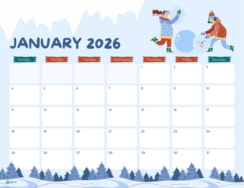 January 2026 calendar printable with snowy winter scene, kids building a snowman, Sunday start