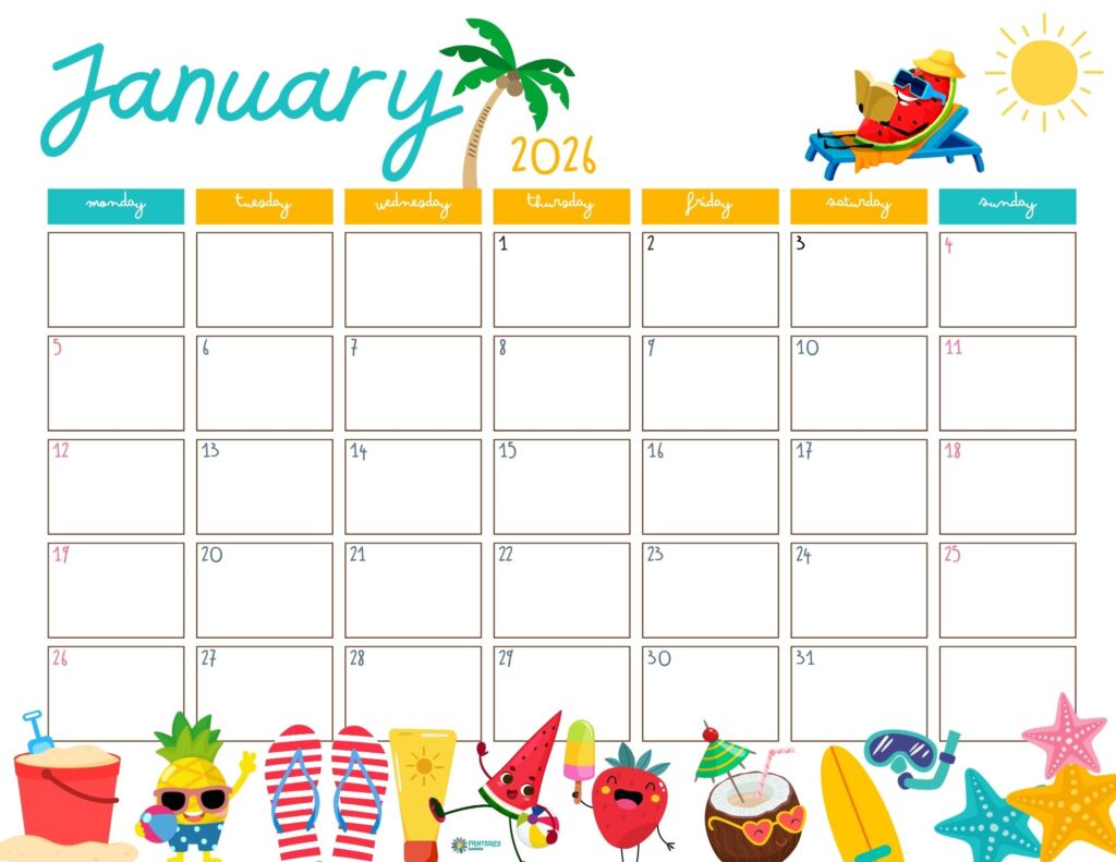 January 2026 calendar, summer beach icons with palm tree and sun, Monday start