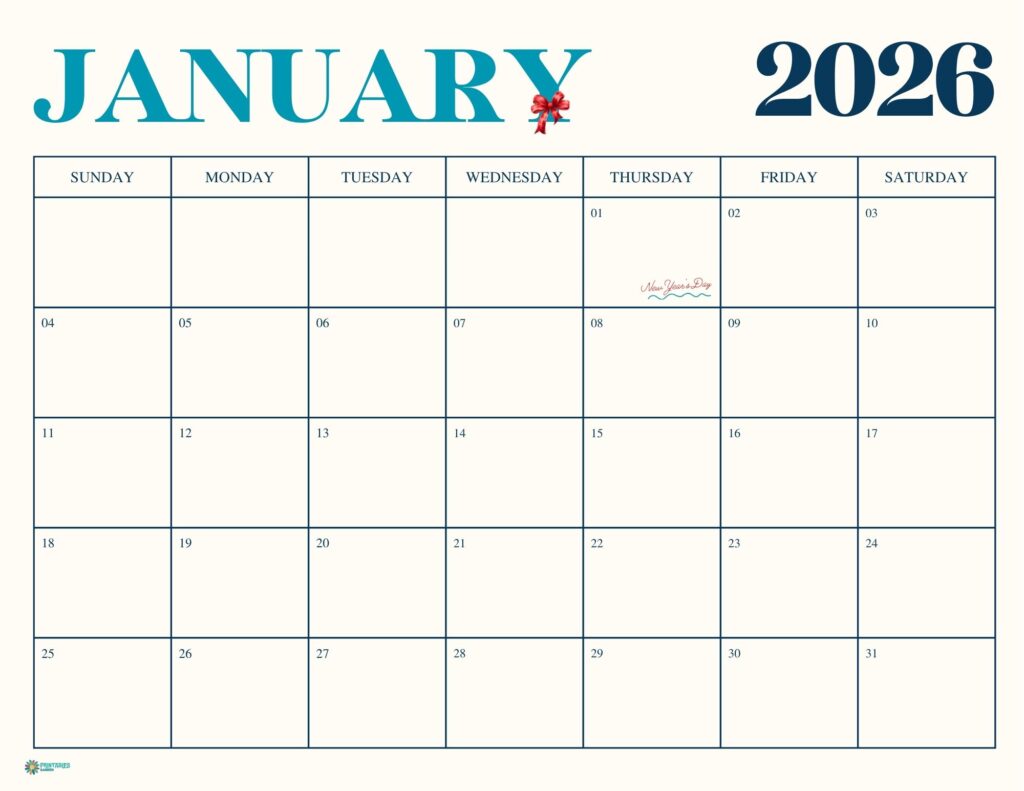 January 2026 calendar with teal header and bow accent, classic grid, Sunday start