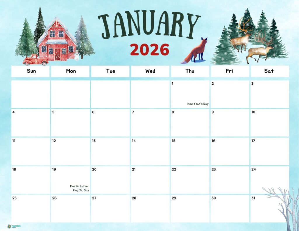 January 2026 calendar, watercolor winter scene with red house, deer and fox, Sunday start