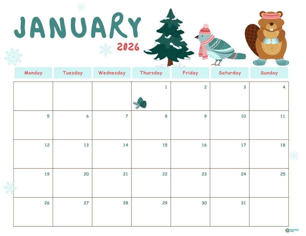 January 2026 calendar, winter woodland with fir tree, bird and beaver, Monday start