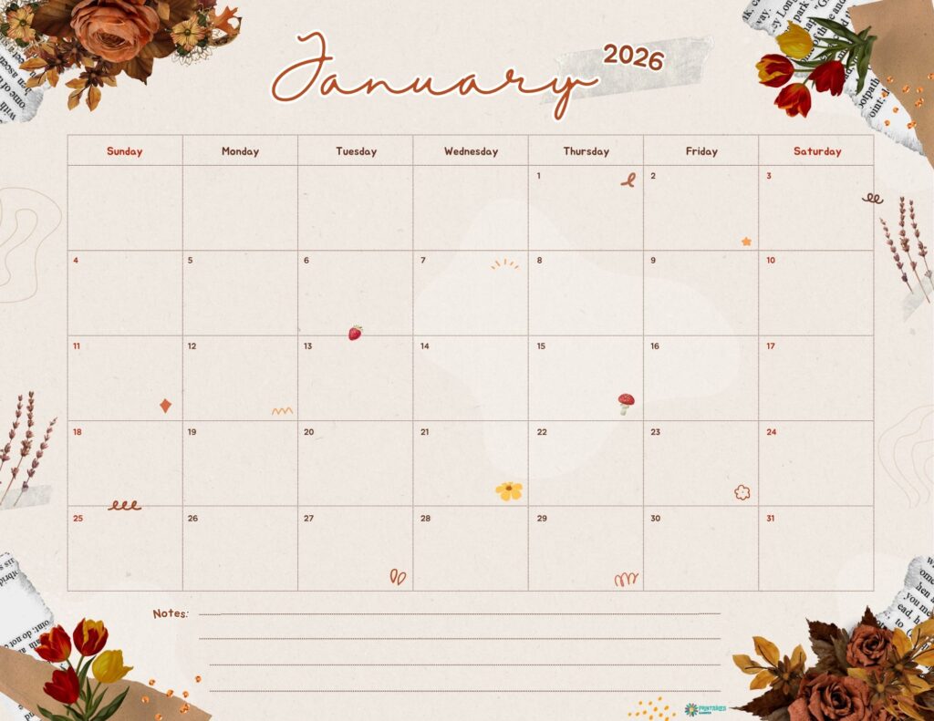 January 2026 calendar with a scrapbook floral header and a notes area, Sunday start
