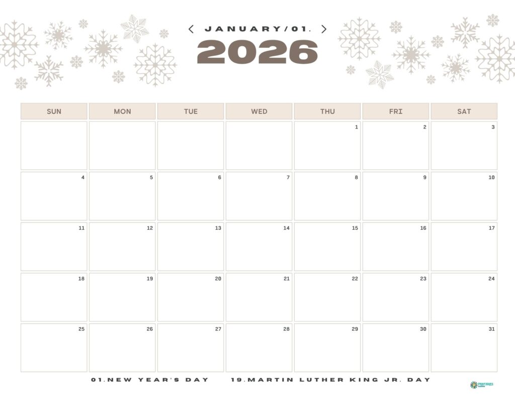 January 2026 calendar with beige snowflakes and a holidays line, Sunday start