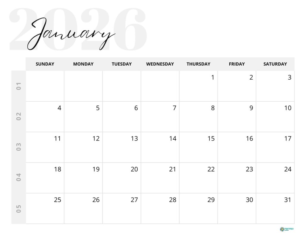 January 2026 calendar in a minimal gray style with week numbers, Sunday start