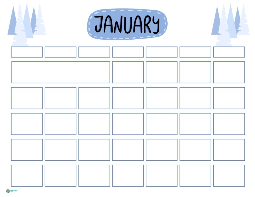 Winter-themed January 2026 calendar with blue trees and a five-row grid