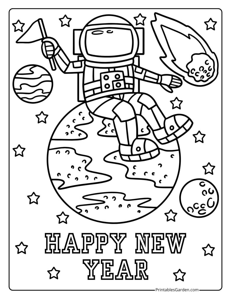 Happy New Year 2026 coloring page astronaut on moon | Printables Garden