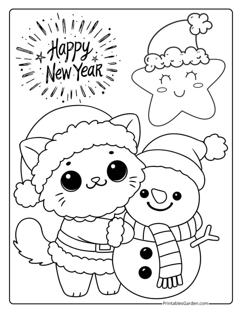 Happy New Year 2026 coloring page — cute cat and snowman | Printables Garden