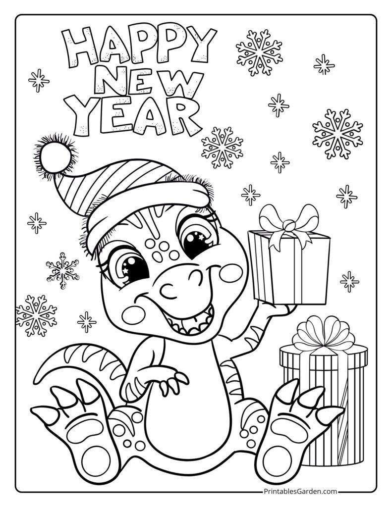 Happy New Year 2026 coloring page — cute dinosaur with gifts | Printables Garden