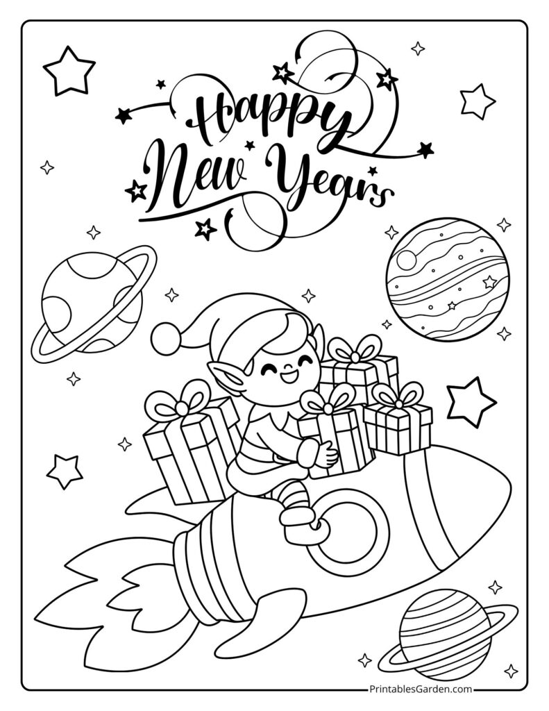 Happy New Year 2026 coloring page elf on rocket | Printables Garden