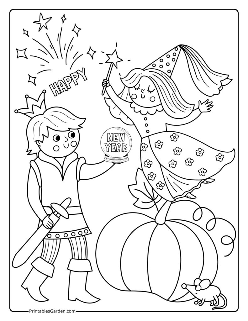 New Year 2026 coloring page fairy and prince with fireworks | Printables Garden