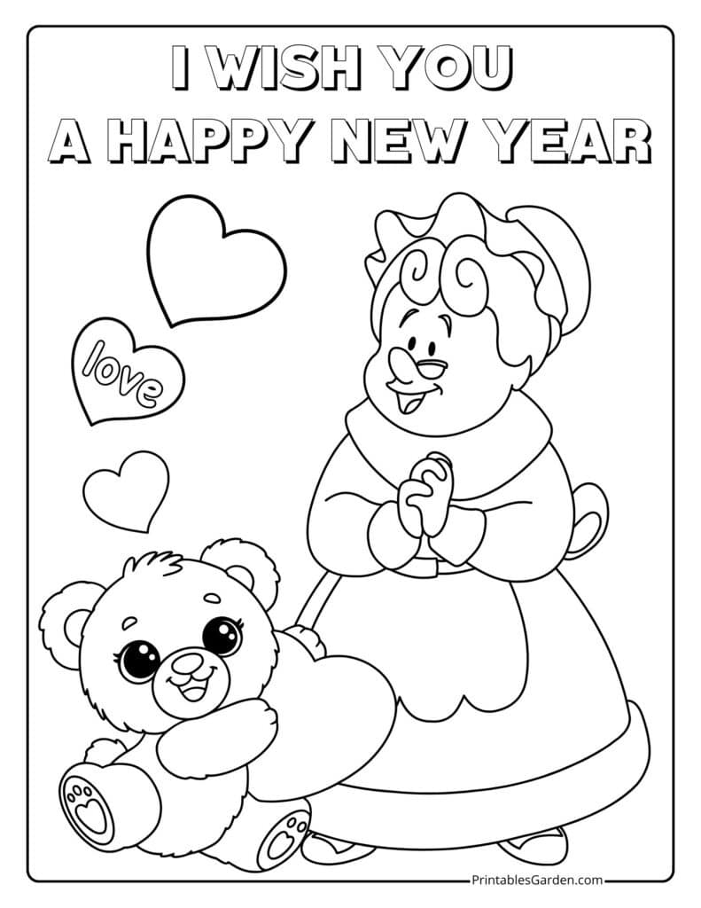 Happy New Year 2026 coloring page — grandma and teddy | Printables Garden