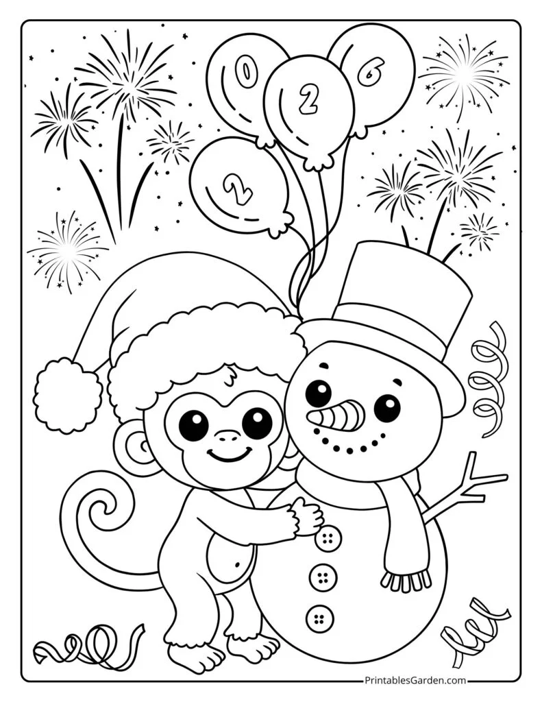 Happy New Year 2026 coloring page monkey with snowman | Printables Garden