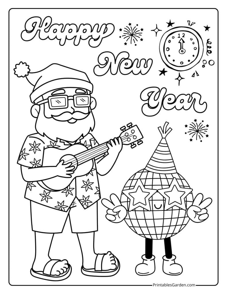 Happy New Year 2026 coloring page — summer Santa with disco ball | Printables Garden