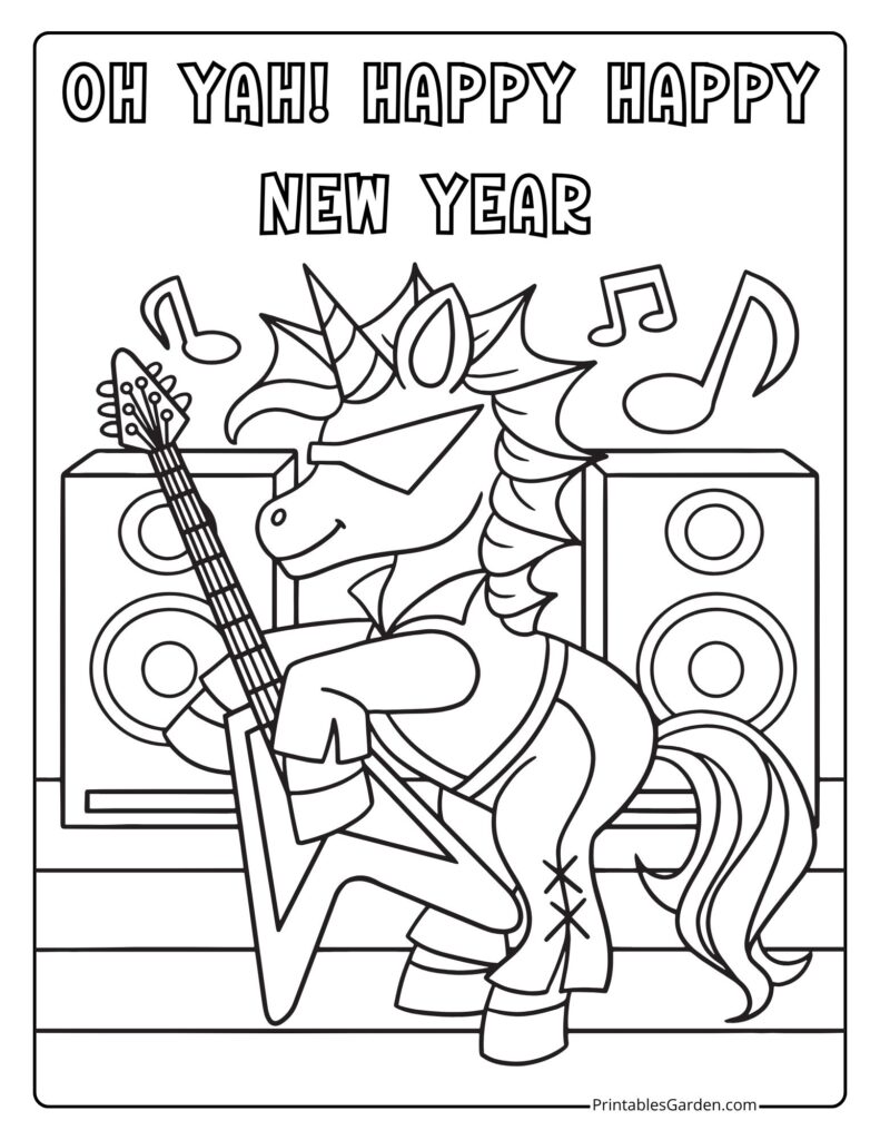 Happy New Year 2026 coloring page unicorn with guitar | Printables Garden