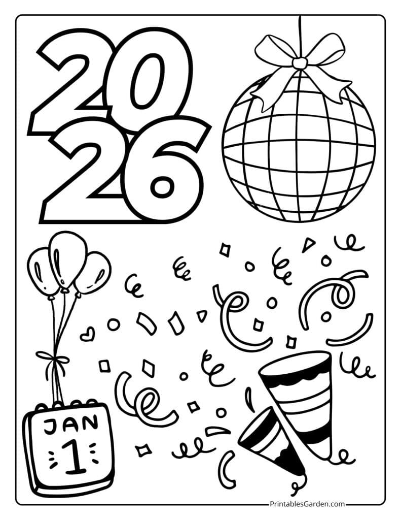 New Year 2026 coloring page — confetti, party horns & Jan 1 | Printables Garden