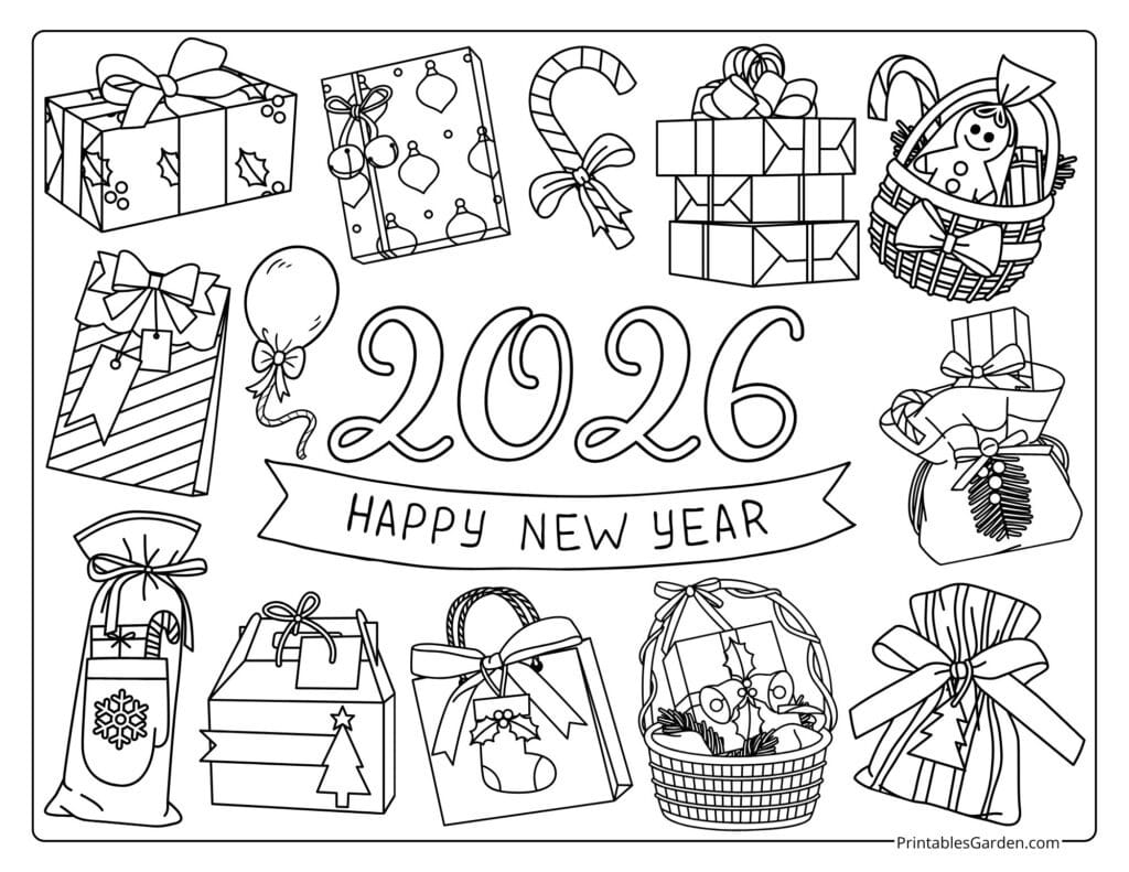 Happy New Year 2026 coloring page — gifts & ribbons | Printables Garden