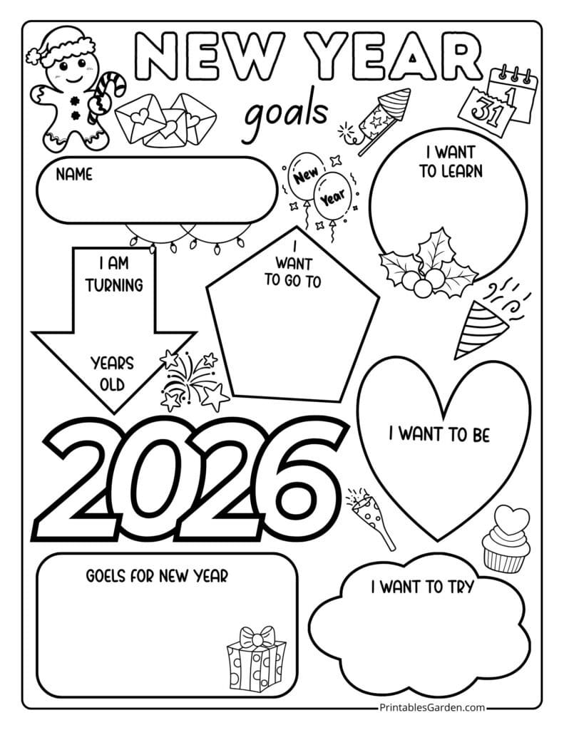 New Year 2026 goals coloring worksheet for kids | Printables Garden
