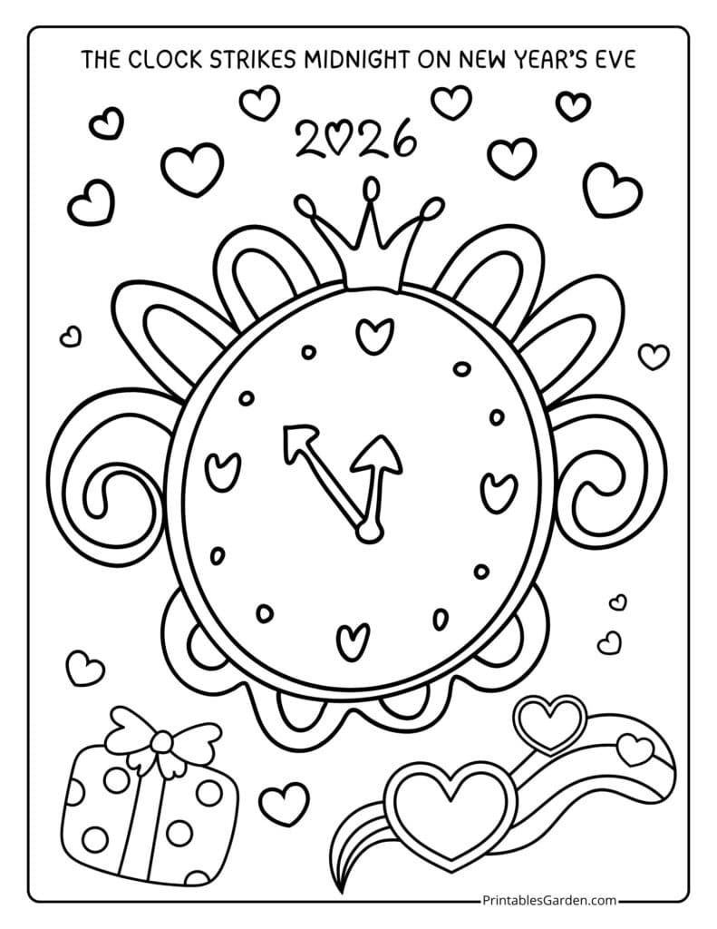 New Year’s Eve coloring page — midnight clock with hearts | Printables Garden