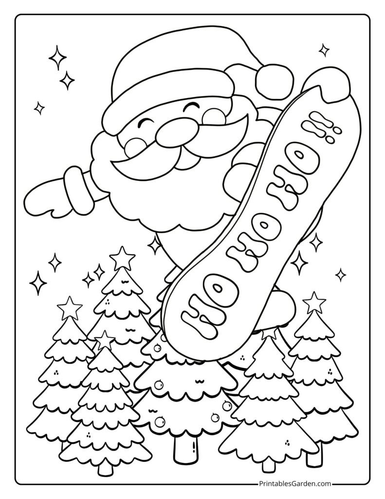 Santa snowboarding over forest with “HO HO HO” board | Printables Garden