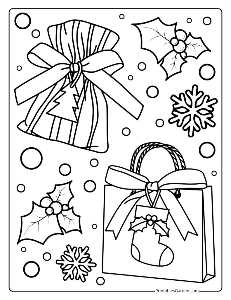 Christmas Coloring Pages — Gift Bags & Holly | Printables Garden