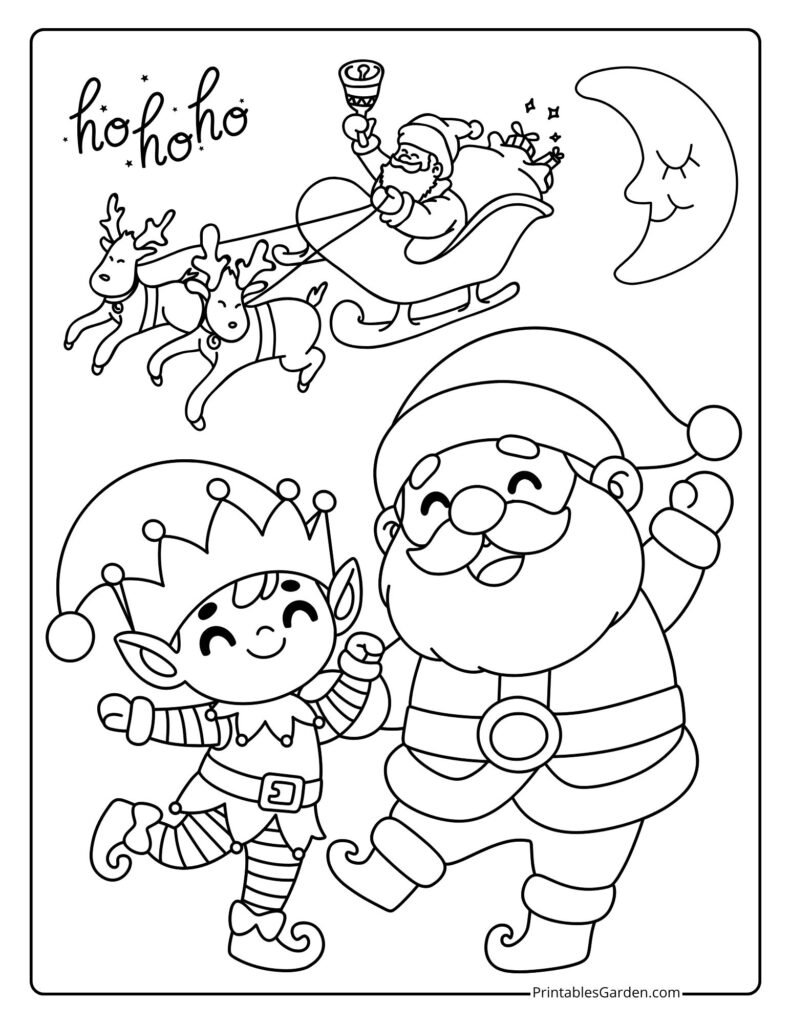 Santa and Elf Dancing Christmas Coloring Page — Free Printable | Printables Garden