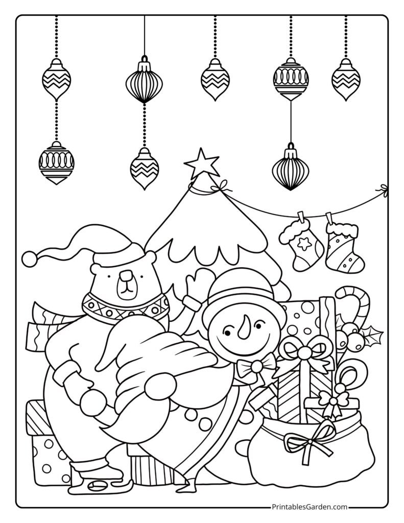 Snowman and Bear with Presents Christmas Coloring Page — Free Printable | Printables Garden