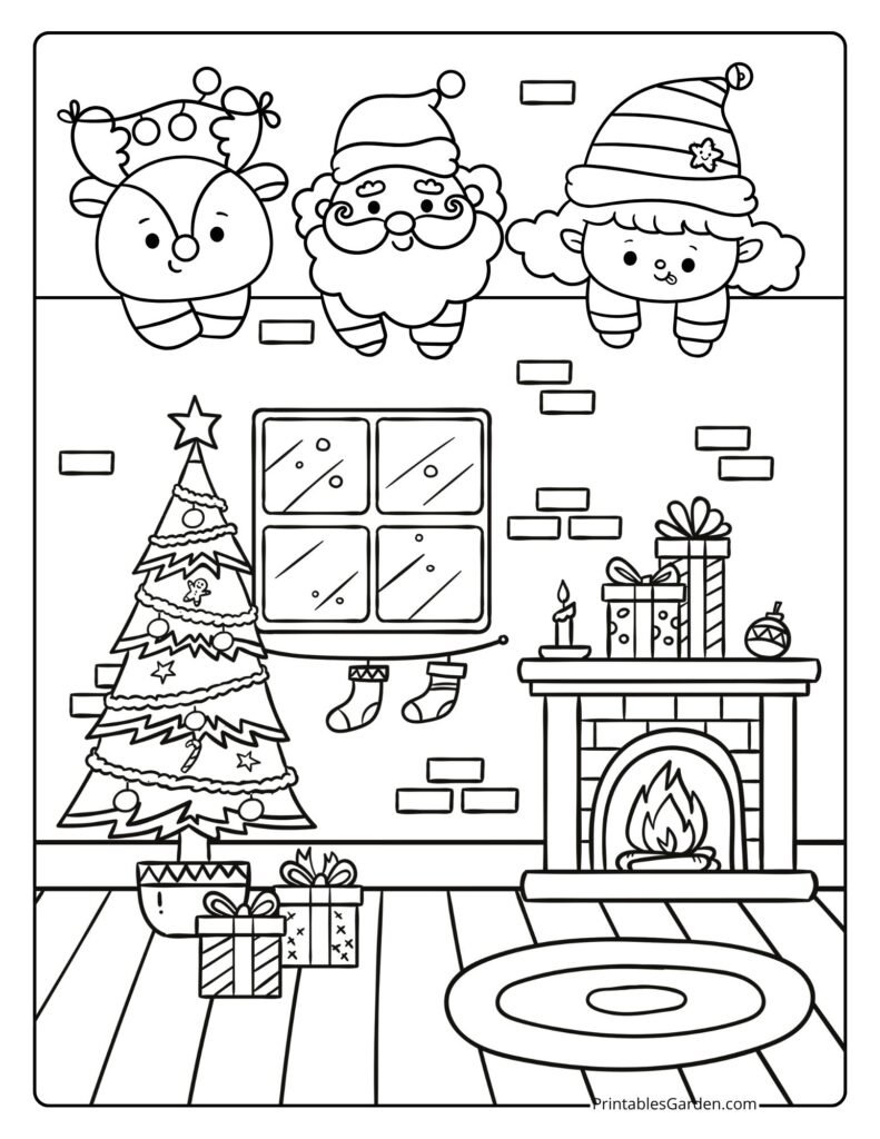 Christmas Coloring Sheets — Cozy Fireplace Room | Printables Garden