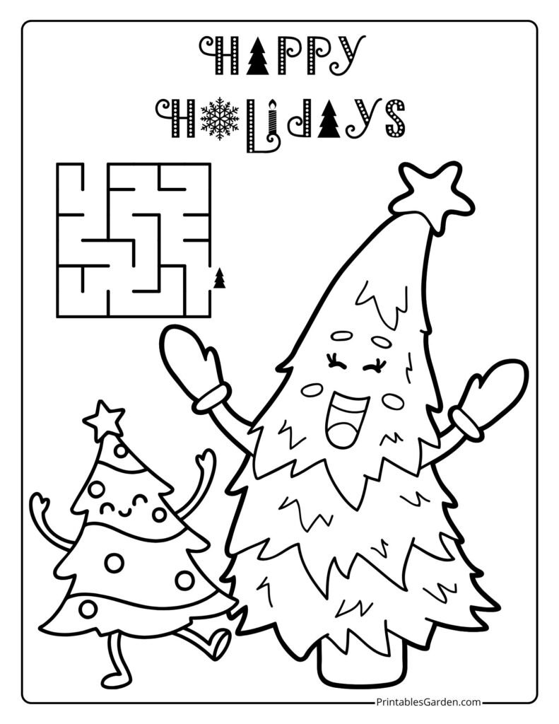 Dancing Christmas trees with mini maze and greeting | Printables Garden