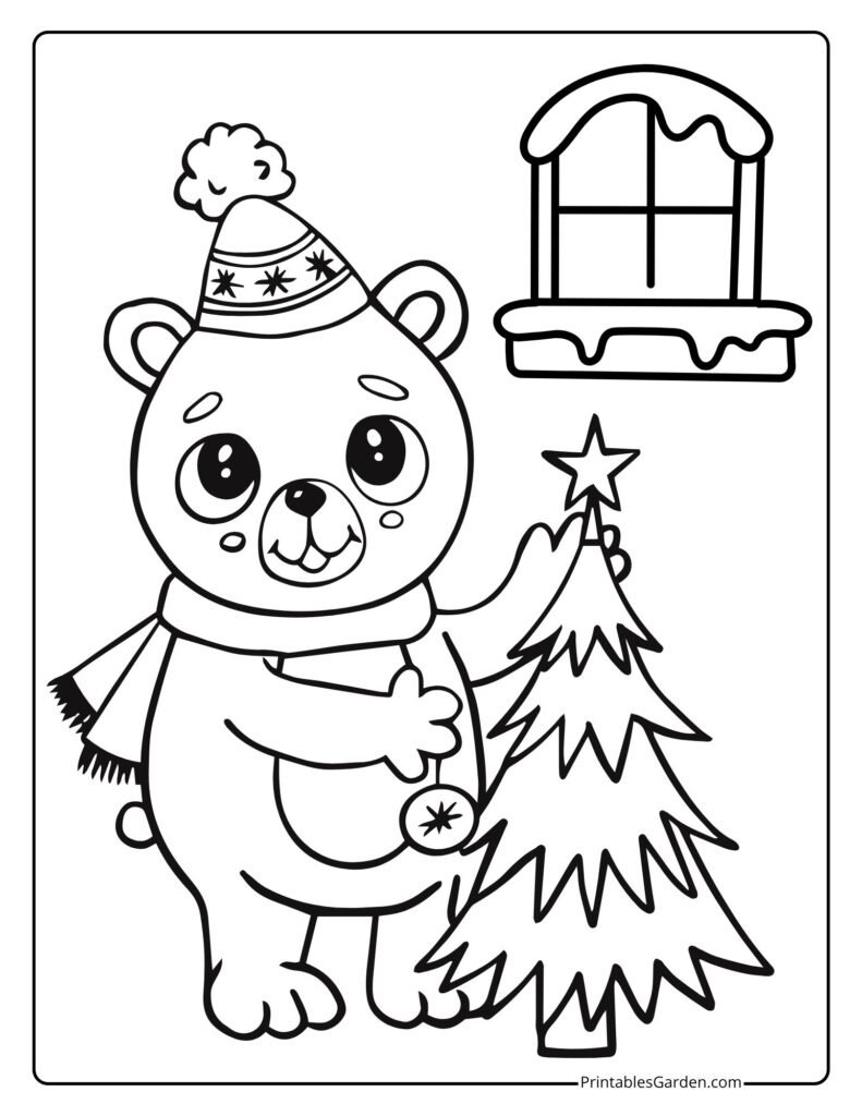 Christmas Tree Coloring Page for Kids — Cute Bear | Printables Garden