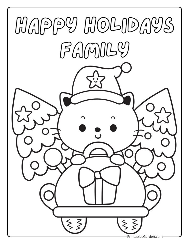 Kawaii cat driving with two Christmas trees | Printables Garden