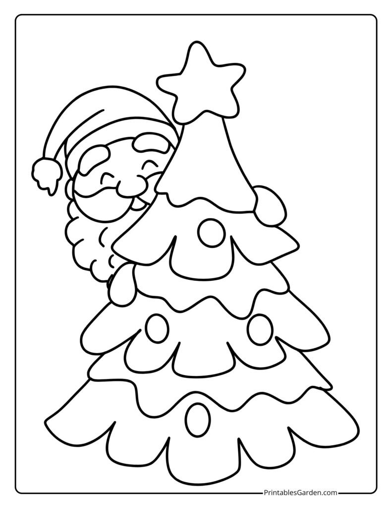 Santa peeking behind star-topped Christmas tree | Printables Garden
