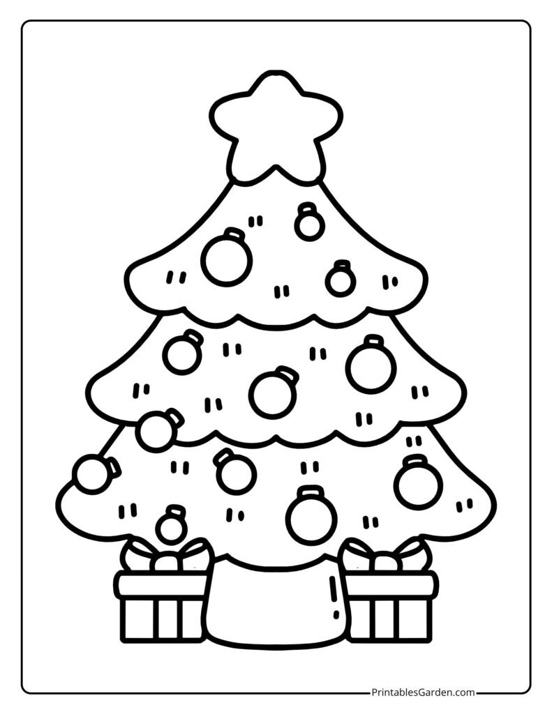 Simple Christmas tree with star, ornaments, and gifts | Printables Garden