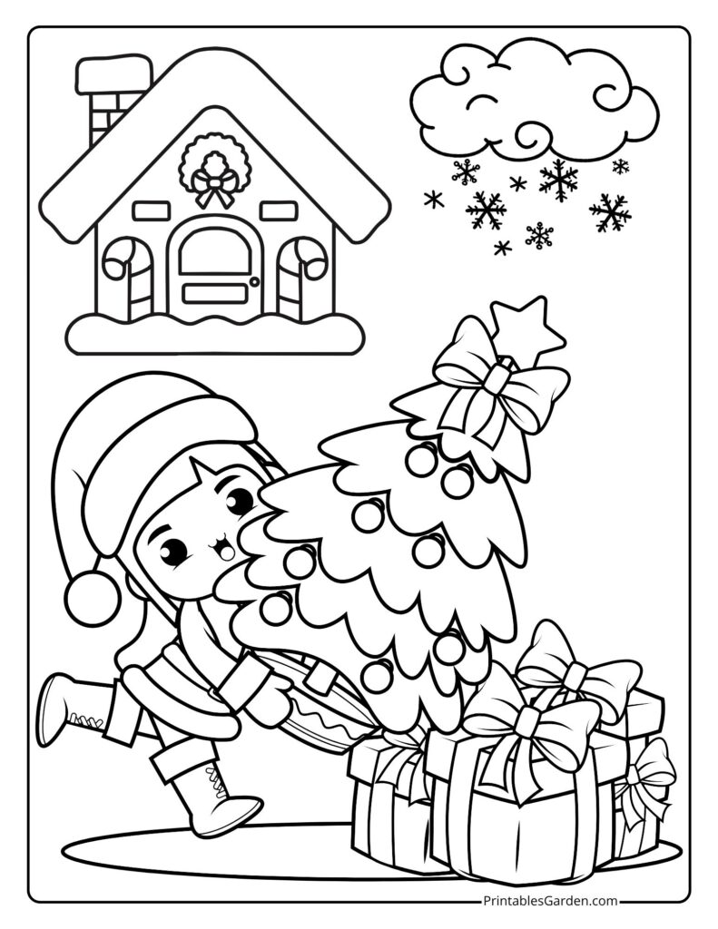 Christmas Tree Coloring Page — Elf with Presents | Printables Garden
