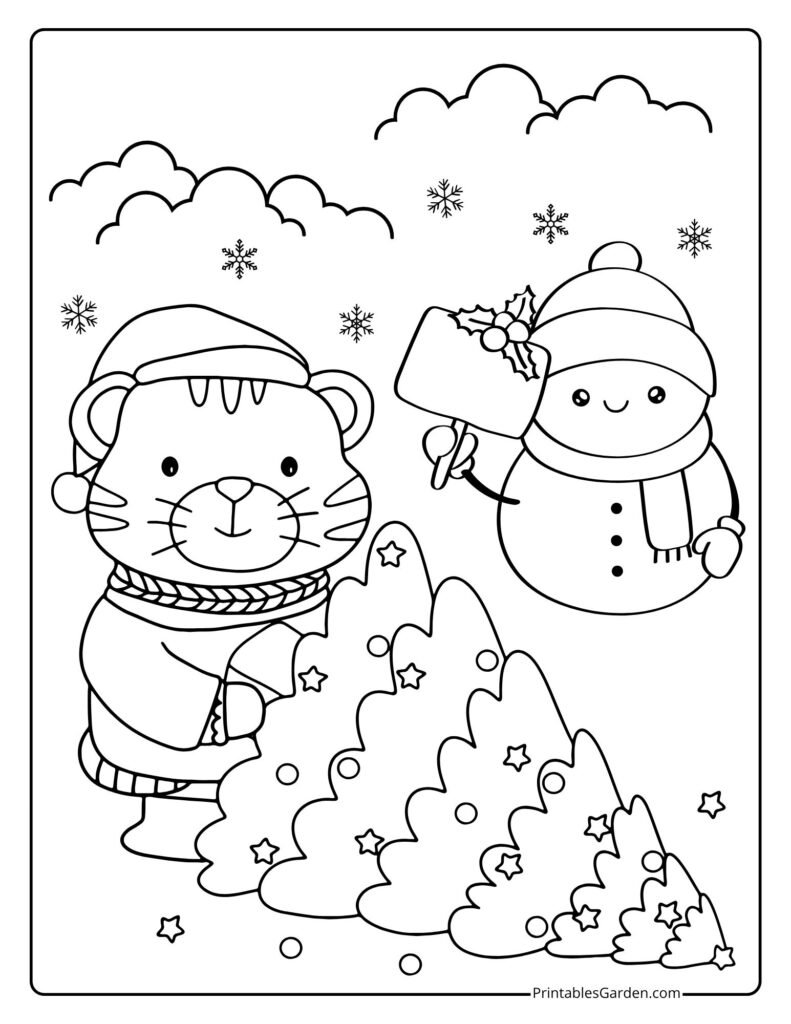 Christmas Tree Coloring Pages for Kids — Tiger & Snowman | Printables Garden