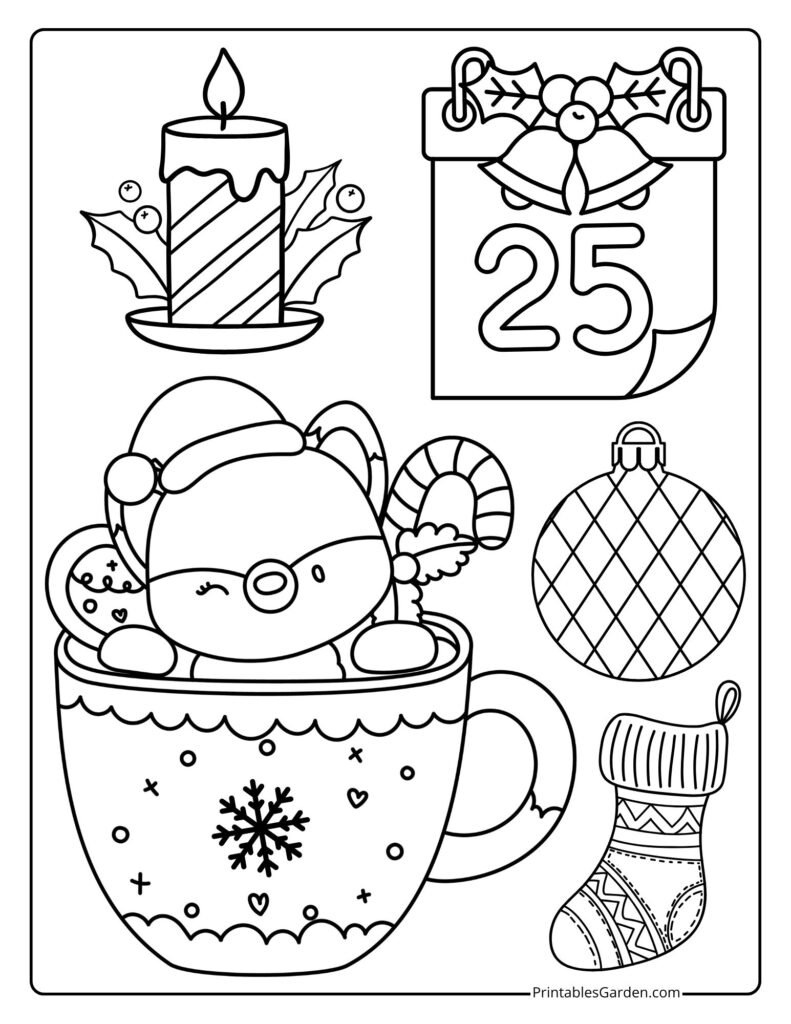 Fox in cocoa mug with candy cane and ornament | Printables Garden