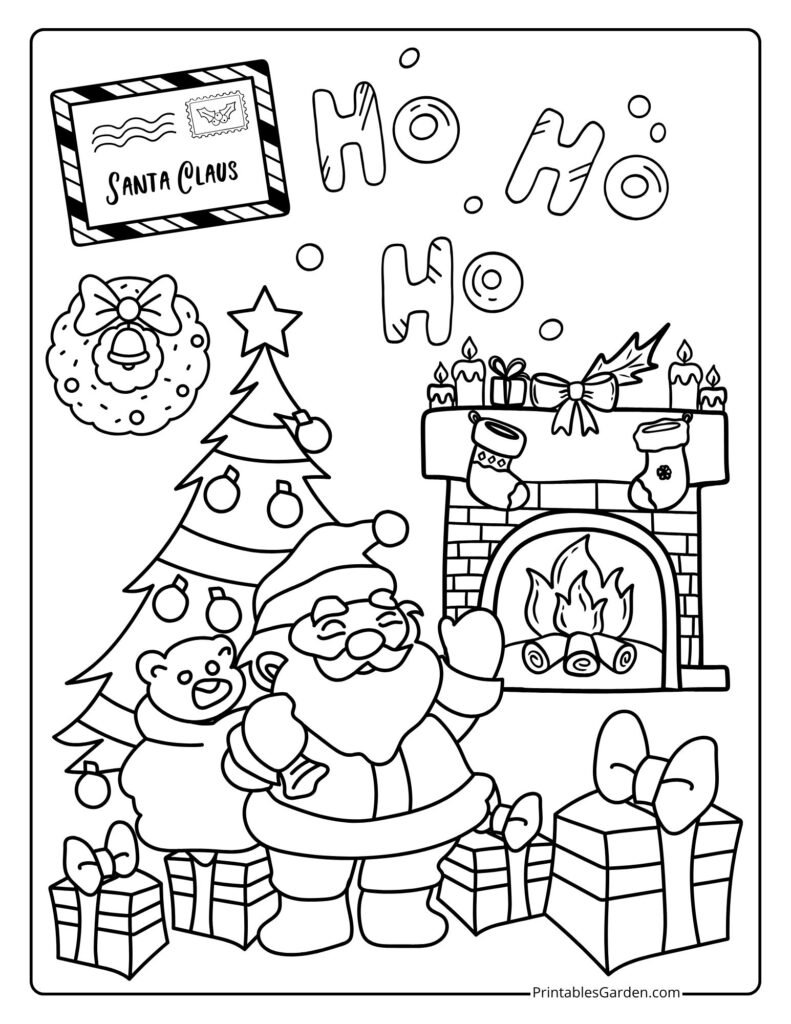 Action-packed Santa on skis with scarf flying, stars and moon overhead, and snowy trees in the background—fun seasonal page for all ages. Download the free PDF.